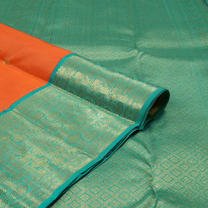 Hayagrivas Handloom Orange Kanjivaram Silk Saree with Aqua Green border BE578-SBS