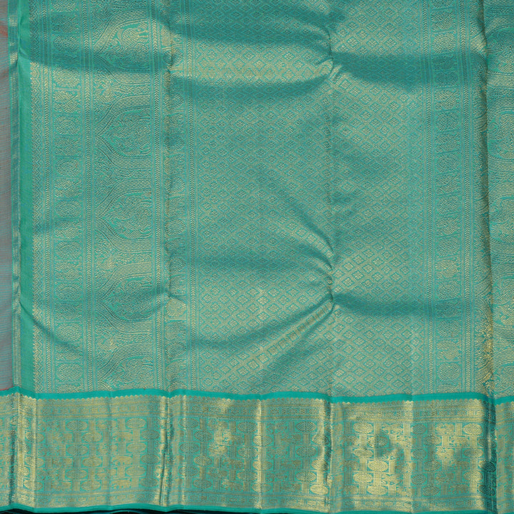 Hayagrivas Handloom Orange Kanjivaram Silk Saree with Aqua Green border BE578-SBS