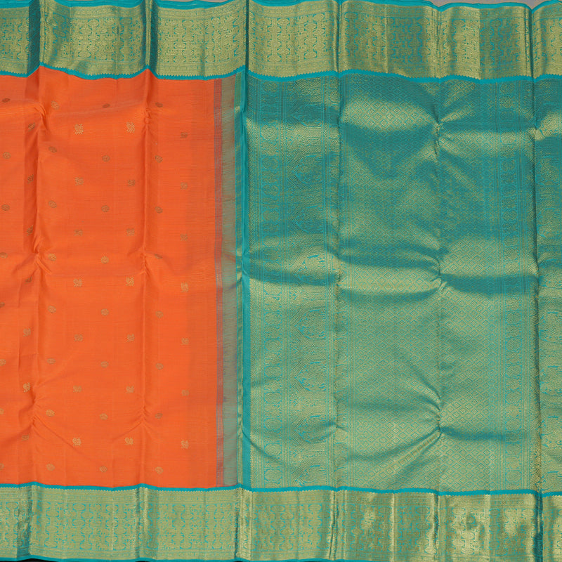 Hayagrivas Handloom Orange Kanjivaram Silk Saree with Aqua Green border BE578-SBS