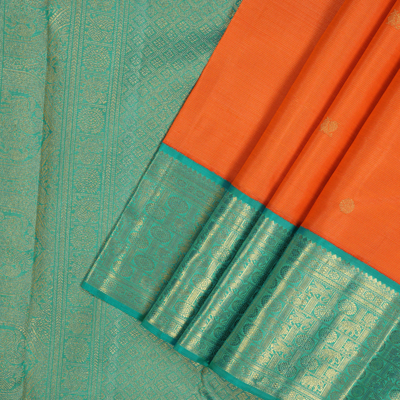 Hayagrivas Handloom Orange Kanjivaram Silk Saree with Aqua Green border BE578-SBS