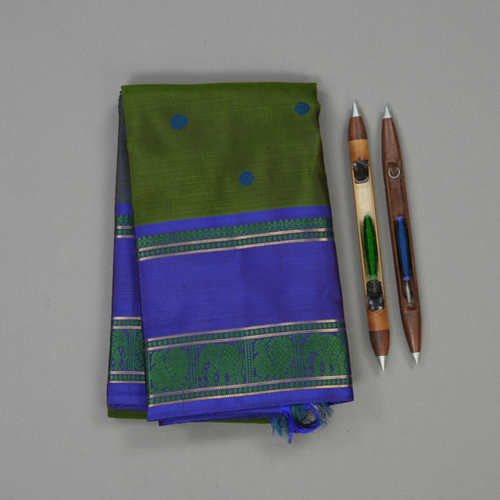 Hayagrivas Handloom Mehandi Green Kanjivaram Silk Saree with Royal Blue border BE624-SBS