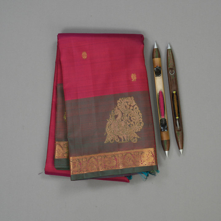 Hayagrivas Handloom Reddish Pink Kanjivaram Silk Saree with Maroonish Brown BE631-SBS