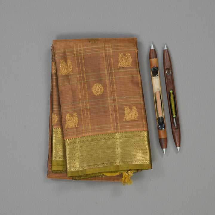 Hayagrivas Handloom Peach Orange Kanjivaram Silk Saree with Olive Green border BE634-SBS