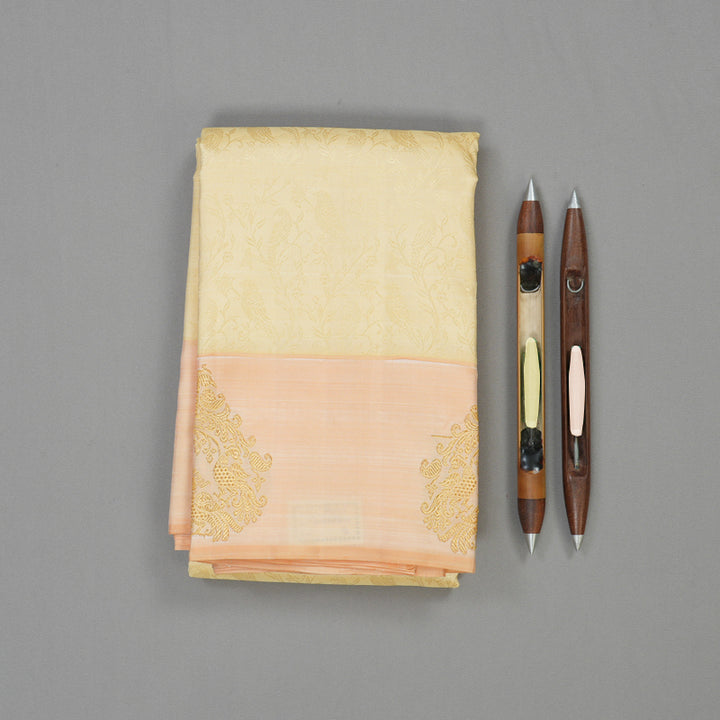 Hayagrivas Handloom Pale Yellow Kanjivaram Silk Saree with Peach Orange Border BE648-SBS