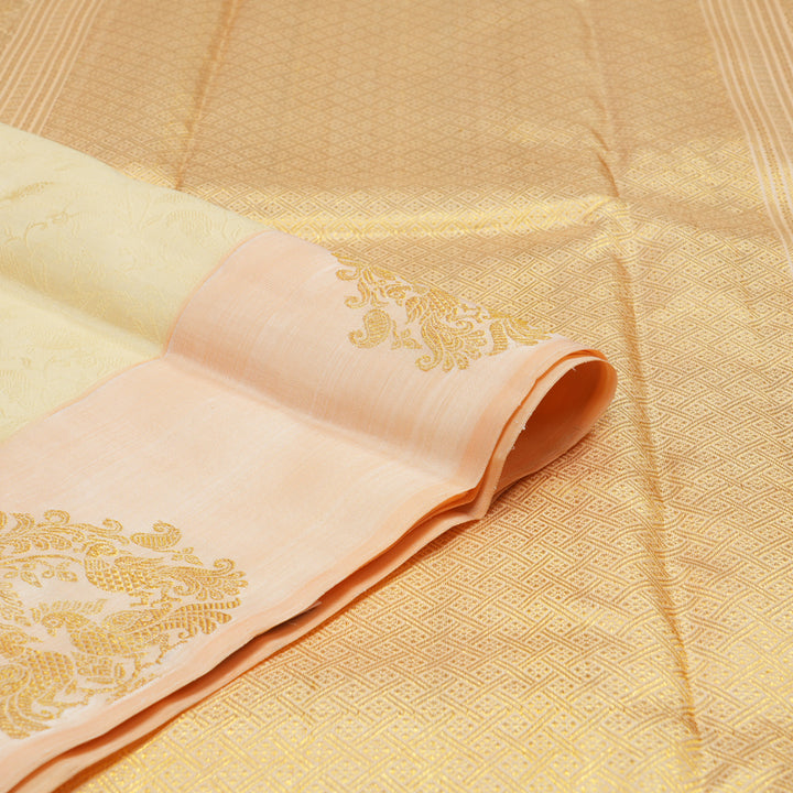 Hayagrivas Handloom Pale Yellow Kanjivaram Silk Saree with Peach Orange Border BE648-SBS