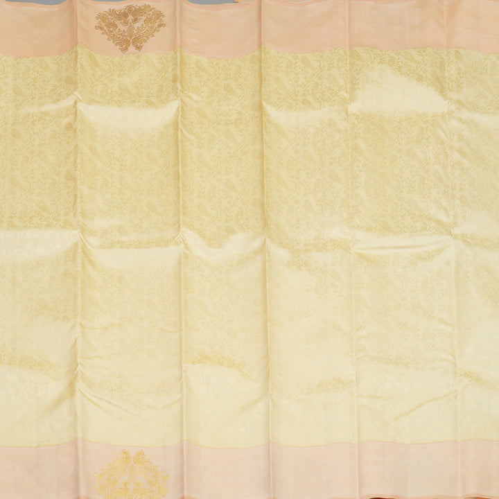 Hayagrivas Handloom Pale Yellow Kanjivaram Silk Saree with Peach Orange Border BE648-SBS