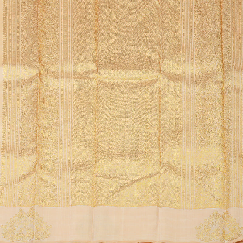 Hayagrivas Handloom Pale Yellow Kanjivaram Silk Saree with Peach Orange Border BE648-SBS