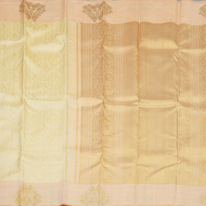 Hayagrivas Handloom Pale Yellow Kanjivaram Silk Saree with Peach Orange Border BE648-SBS