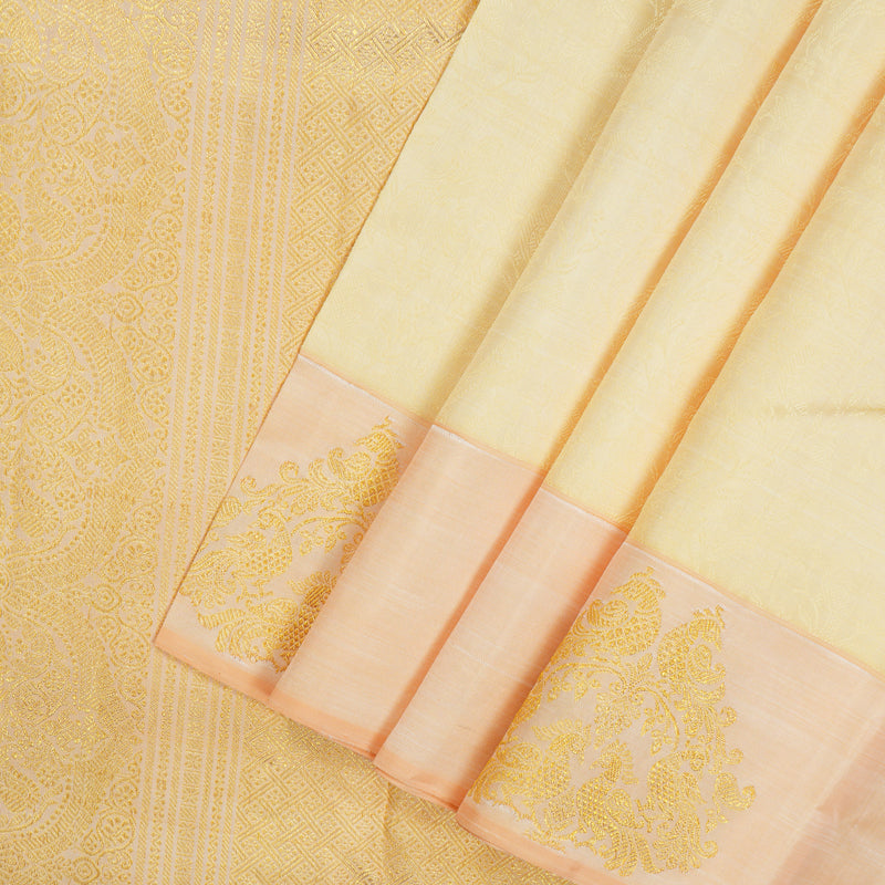 Hayagrivas Handloom Pale Yellow Kanjivaram Silk Saree with Peach Orange Border BE648-SBS