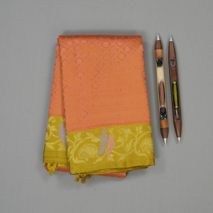 Hayagrivas Handloom Dark Orange Kanjivaram Silk Saree with Light Olive Green BE652-SBS