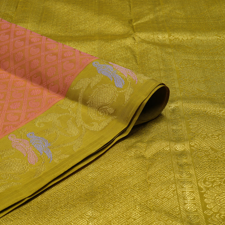 Hayagrivas Handloom Dark Orange Kanjivaram Silk Saree with Light Olive Green BE652-SBS