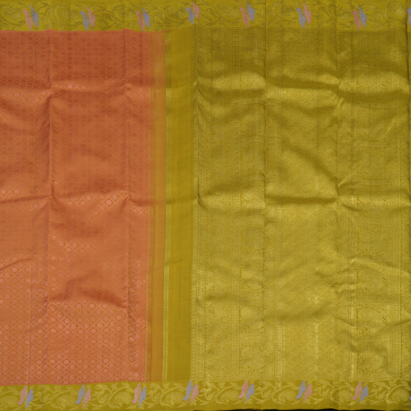 Hayagrivas Handloom Dark Orange Kanjivaram Silk Saree with Light Olive Green BE652-SBS
