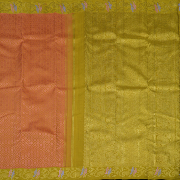 Hayagrivas Handloom Dark Orange Kanjivaram Silk Saree with Light Olive Green BE652-SBS