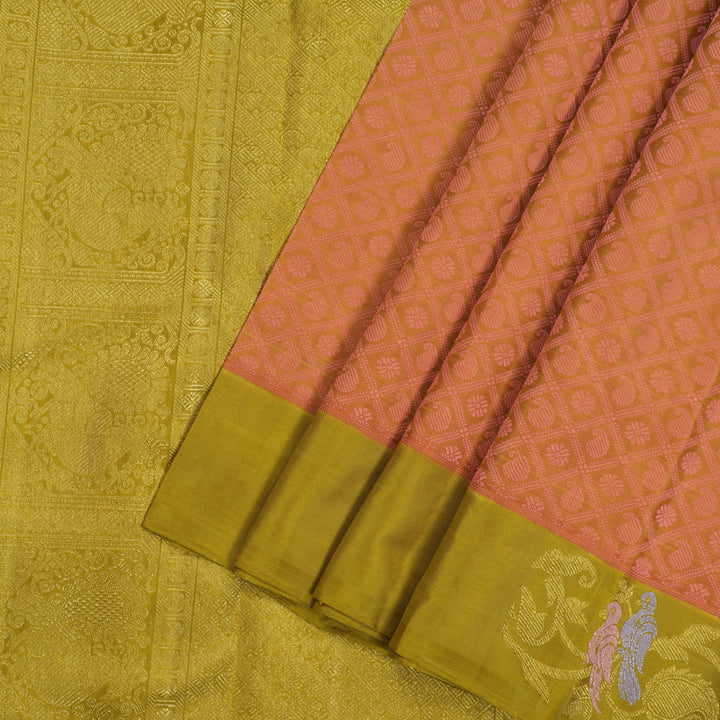 Hayagrivas Handloom Dark Orange Kanjivaram Silk Saree with Light Olive Green BE652-SBS