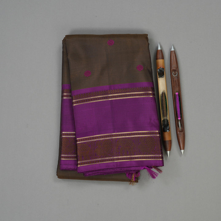 Hayagrivas Handloom Dark Chocolate Brown Kanjivaram Silk Saree with Purple border BE654-SBS