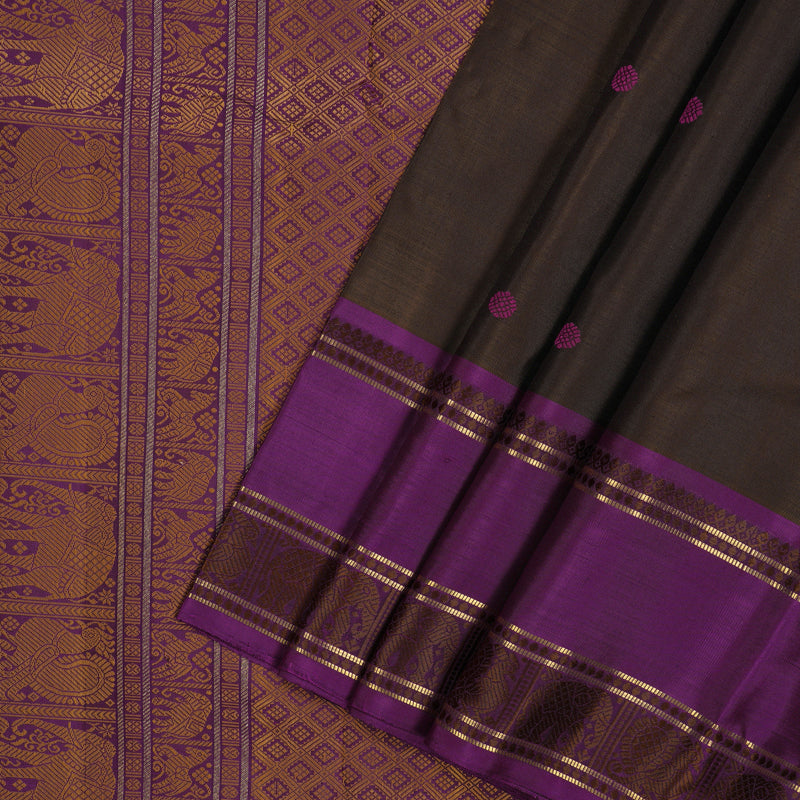 Hayagrivas Handloom Dark Chocolate Brown Kanjivaram Silk Saree with Purple border BE654-SBS