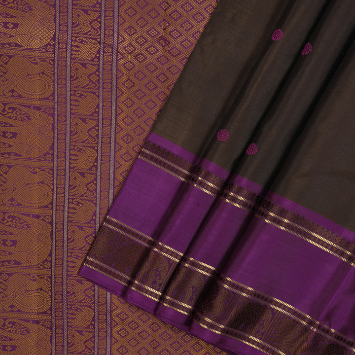Hayagrivas Handloom Dark Chocolate Brown Kanjivaram Silk Saree with Purple border BE654-SBS