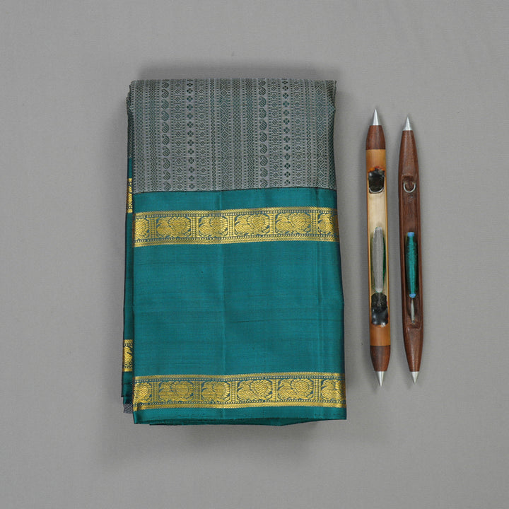 Hayagrivas Handloom Metallic Grey Kanjivaram Silk Saree with Rama Green Border BE660-SBS