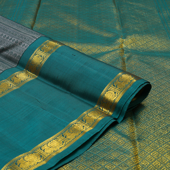 Hayagrivas Handloom Metallic Grey Kanjivaram Silk Saree with Rama Green Border BE660-SBS
