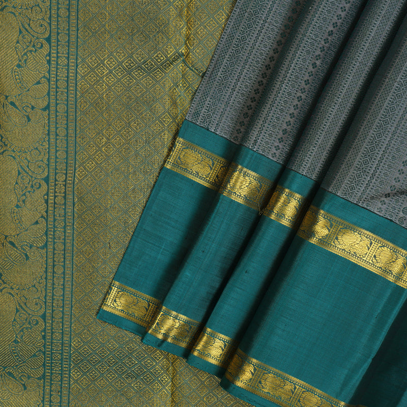 Hayagrivas Handloom Metallic Grey Kanjivaram Silk Saree with Rama Green Border BE660-SBS