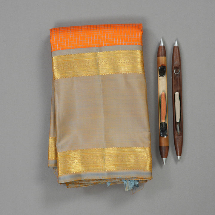 Hayagrivas Handloom Orange Kanjivaram Silk Saree with Grey Border BE704-SBS