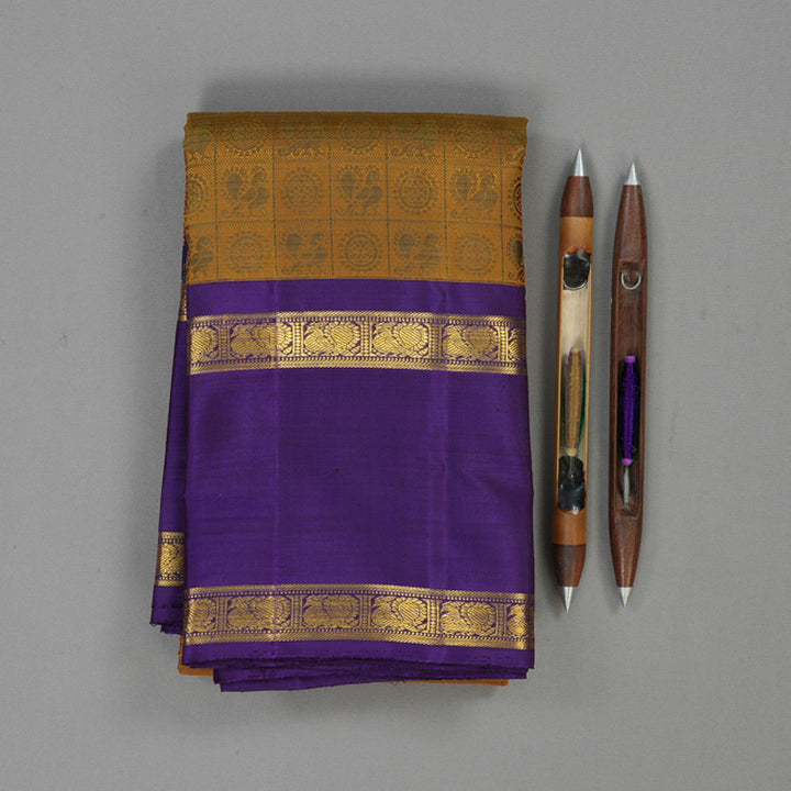 Hayagrivas Handloom Honey Mustard Kanjivaram Silk Saree with Violet Border BE713-SBS