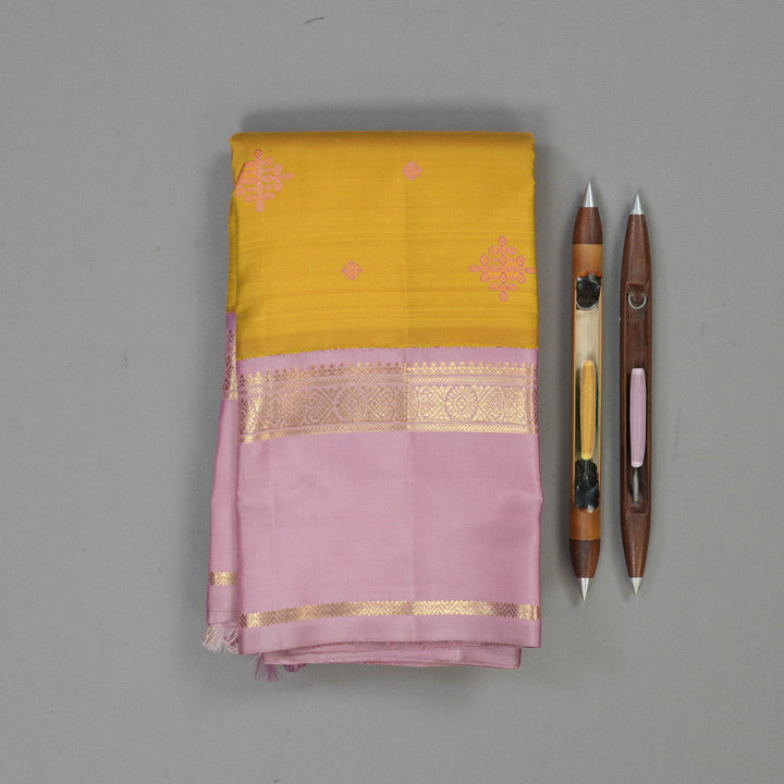 Hayagrivas Handloom Mango Yellow Kanjivaram Silk Saree with Lavendar Pink Border BE725-SBS