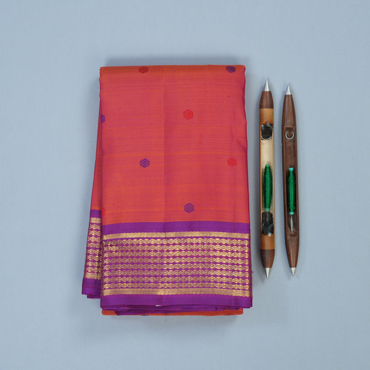 Hayagrivas Handloom Orangish-Pink Kanjivaram Silk Saree with Purple Border BE732-SBS