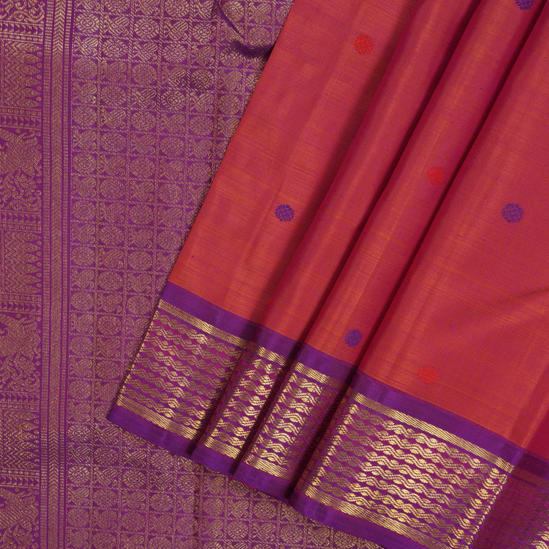 Hayagrivas Handloom Orangish-Pink Kanjivaram Silk Saree with Purple Border BE732-SBS