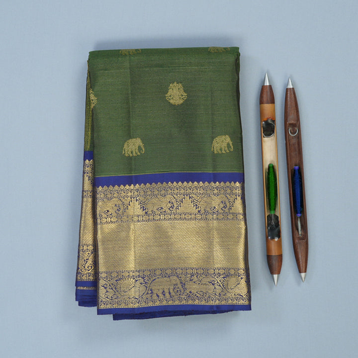 Hayagrivas Handloom Bottle Green Kanjivaram Silk Saree with Dark Blue Border BE739-SBS
