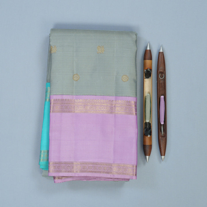 Hayagrivas Handloom Silver Grey Kanjivaram Silk Saree with Ganga Jamuna Border BE740-SBS