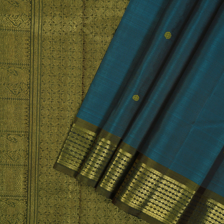Hayagrivas Handloom Rama Blue Kanjivaram Silk Saree with Olive Green Border BE741-SBS