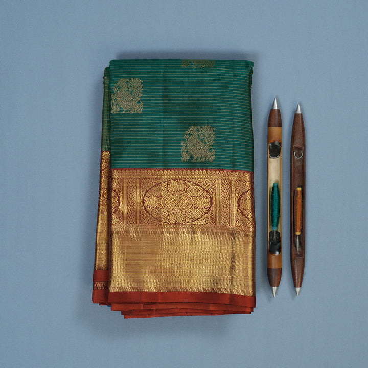 Hayagrivas Handloom Peacock Green Kanjivaram Silk Saree with Rust Orange Border BE743-SBS
