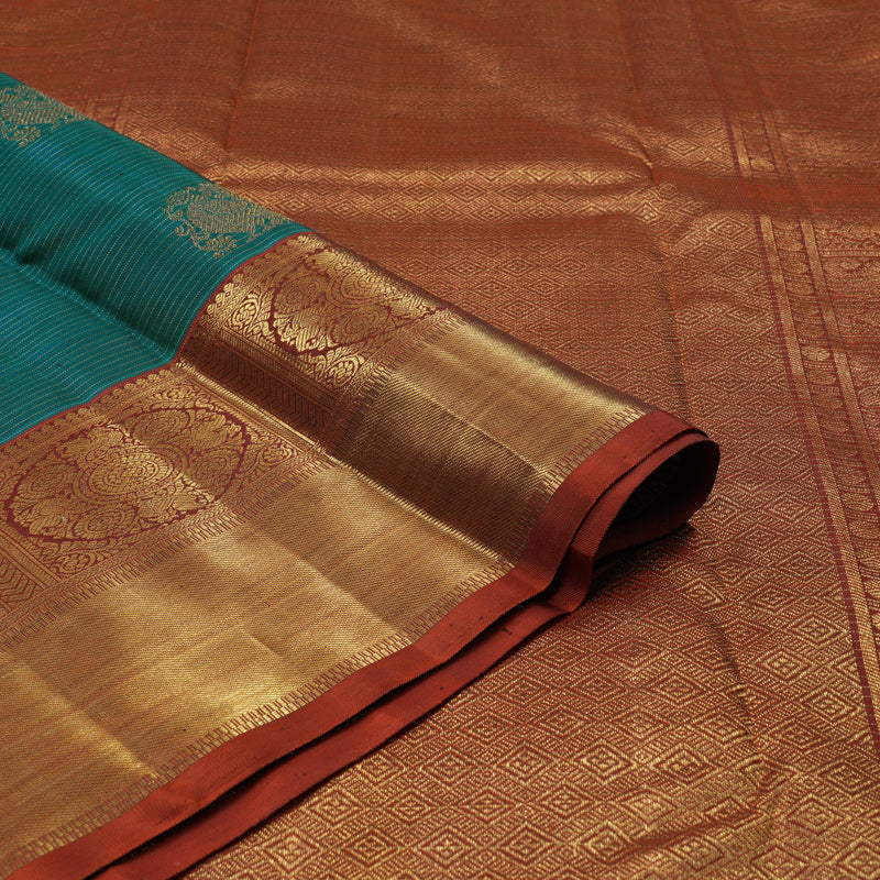 Hayagrivas Handloom Peacock Green Kanjivaram Silk Saree with Rust Orange Border BE743-SBS