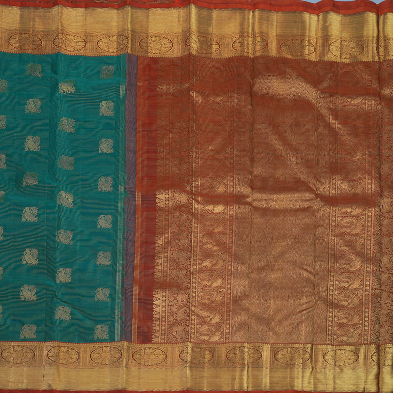 Hayagrivas Handloom Peacock Green Kanjivaram Silk Saree with Rust Orange Border BE743-SBS