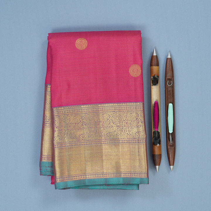 Hayagrivas Handloom Rani Pink Kanjivaram Silk Saree with Teal Border BE765-SBS