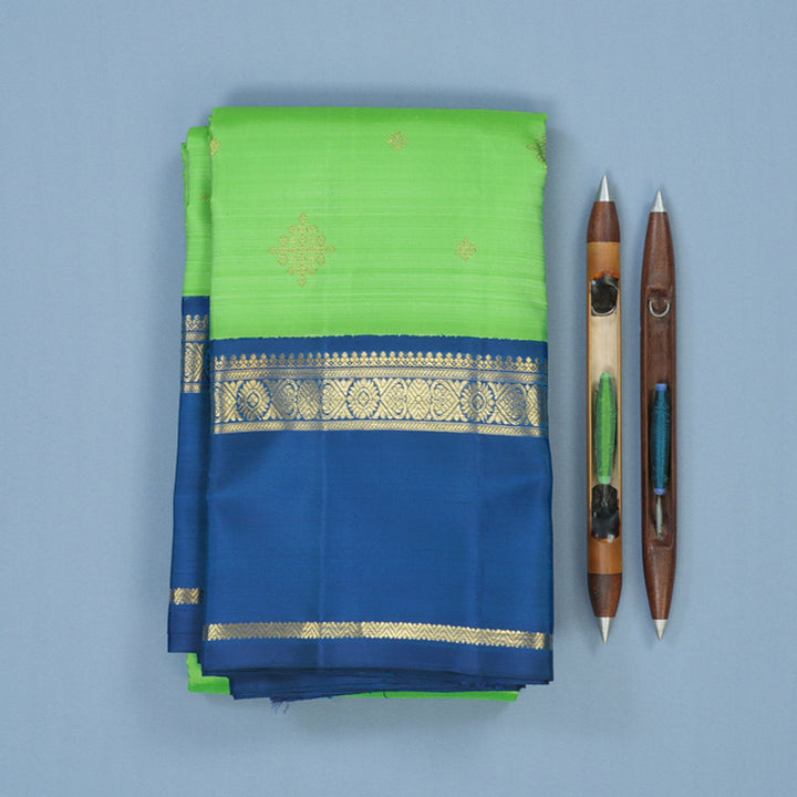 Hayagrivas Handloom Parrot Green Kanjivaram Silk Saree with Peacock Blue Border BE768-SBS