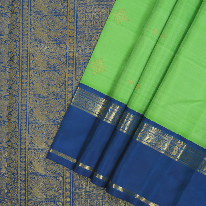 Hayagrivas Handloom Parrot Green Kanjivaram Silk Saree with Peacock Blue Border BE768-SBS