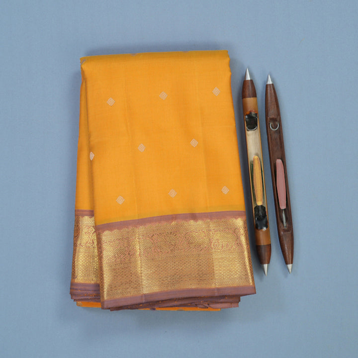 Hayagrivas Handloom Mango Yellow Kanjivaram Silk Saree with Dusky Purple Border BE788-SBS