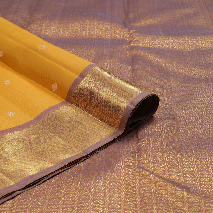 Hayagrivas Handloom Mango Yellow Kanjivaram Silk Saree with Dusky Purple Border BE788-SBS