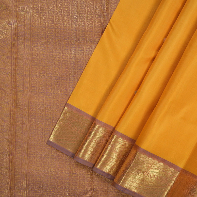 Hayagrivas Handloom Mango Yellow Kanjivaram Silk Saree with Dusky Purple Border BE788-SBS