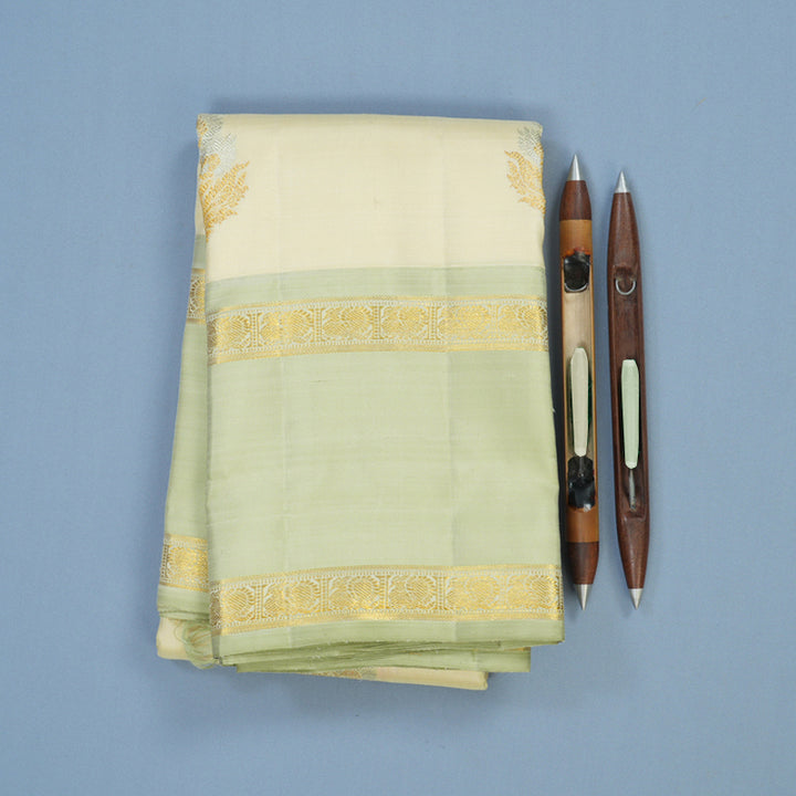 Hayagrivas Handloom Ivory Kanjivaram Silk Saree with Pista Green Border BE789-SBS