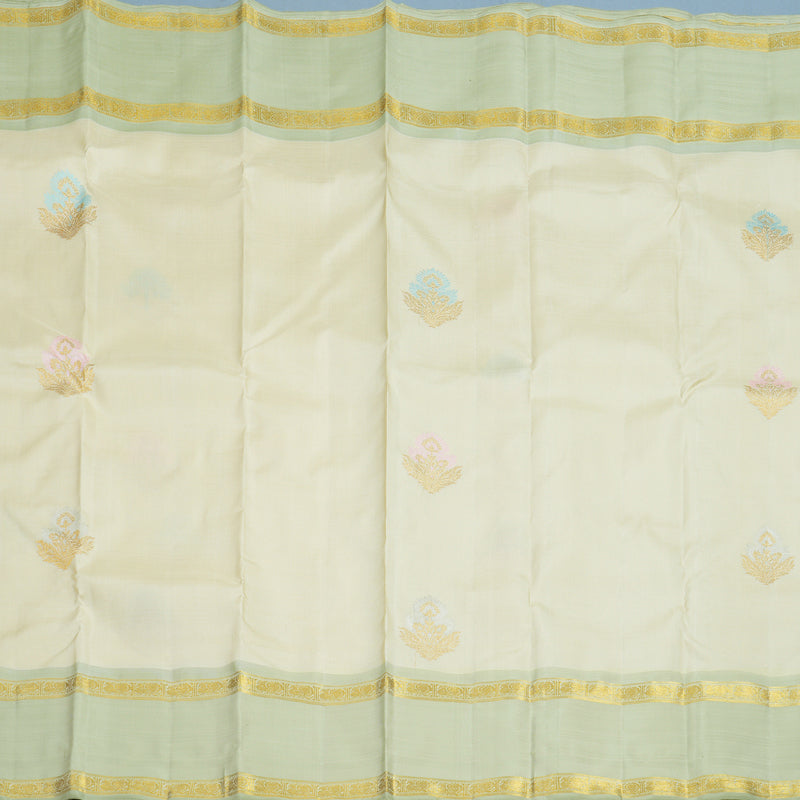 Hayagrivas Handloom Ivory Kanjivaram Silk Saree with Pista Green Border BE789-SBS