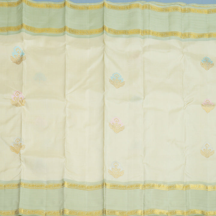 Hayagrivas Handloom Ivory Kanjivaram Silk Saree with Pista Green Border BE789-SBS
