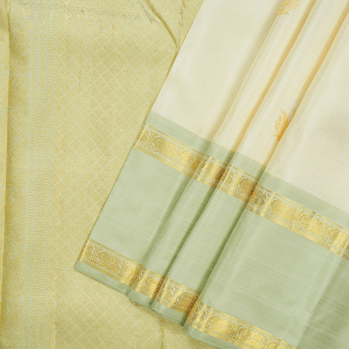 Hayagrivas Handloom Ivory Kanjivaram Silk Saree with Pista Green Border BE789-SBS