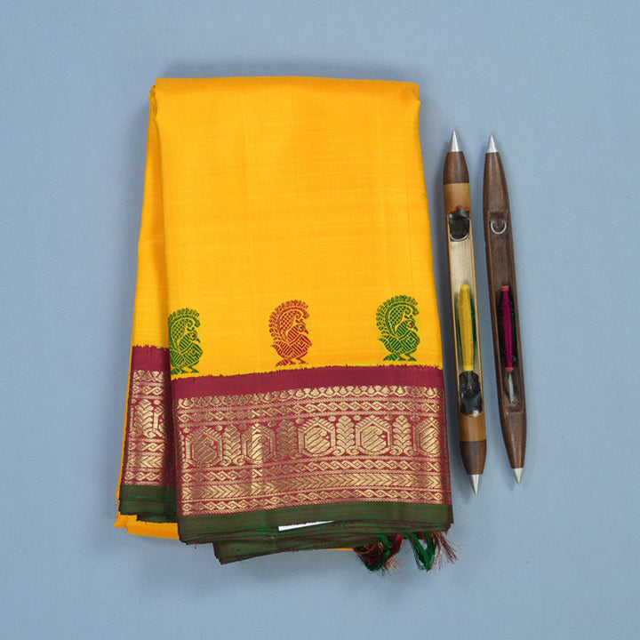 Hayagrivas Handloom Mambazham Yellow Kanjivaram Silk Saree with Maroon Border BE796-SBS
