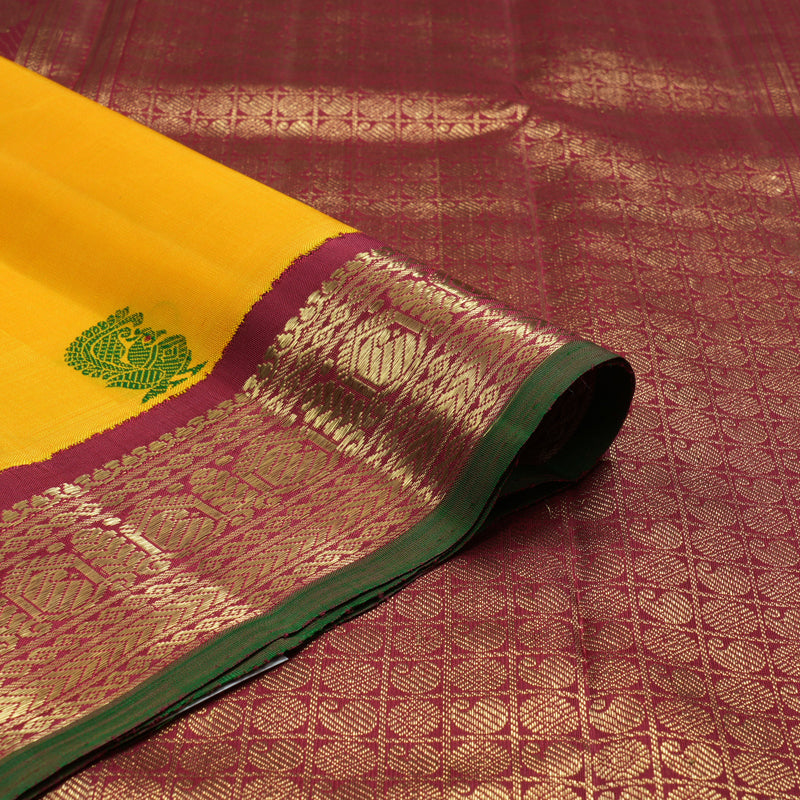 Hayagrivas Handloom Mambazham Yellow Kanjivaram Silk Saree with Maroon Border BE796-SBS
