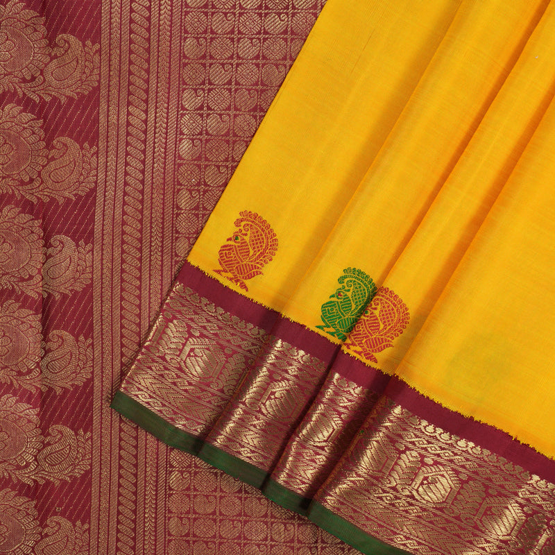 Hayagrivas Handloom Mambazham Yellow Kanjivaram Silk Saree with Maroon Border BE796-SBS