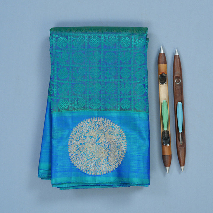 Hayagrivas Handloom Peacock Blue Kanjivaram Silk Saree with Blue-Green Border BE805-SBS
