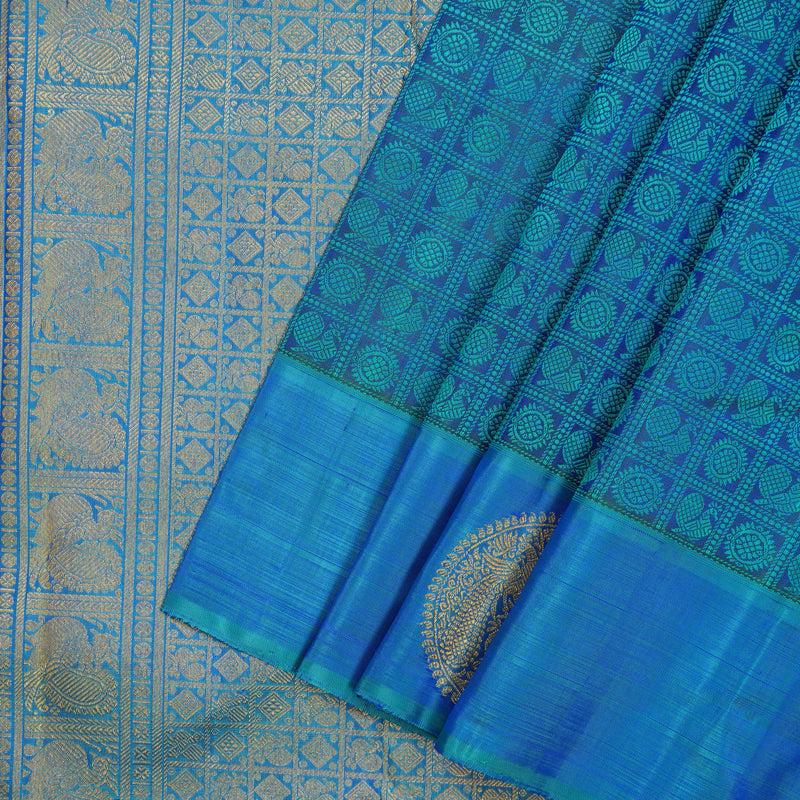Hayagrivas Handloom Peacock Blue Kanjivaram Silk Saree with Blue-Green Border BE805-SBS